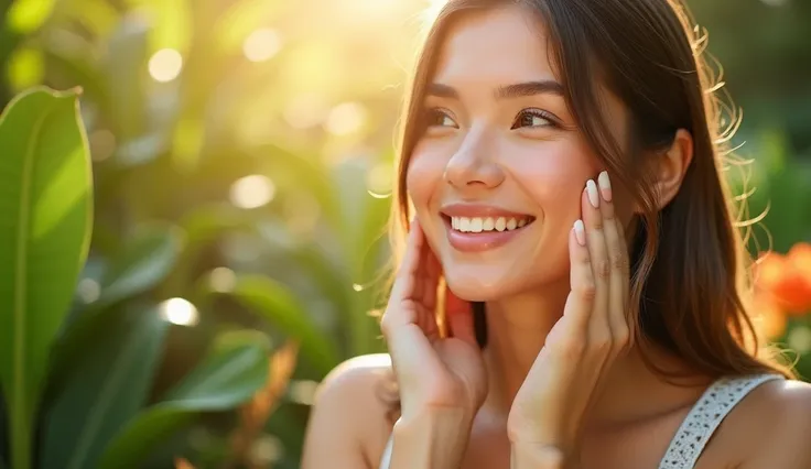 A promotional image featuring a woman using the SunCity (hyaluronic acid) sunscreen. The woman is applying the sunscreen to her face, highlighting a bright and fresh complexion. She is in a natural setting, surrounded by greenery or a garden, emphasizing h...