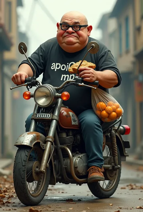 white male, aged 50, baldie, bochechas grandes, Scrawny, but very pot-bellied, completely smooth face, wearing square glasses, mounted on a 125cc motorcycle, sloppy and broken. Wearing a black shirt with the words APOI0 MPU written on it and dirty jeans. W...