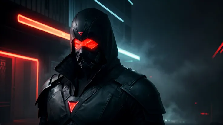 A hyper-realistic digital art of a cyber male assassin, clad in sleek, futuristic armor with intricate glowing circuits. The male assassin, holding a sharp dagger, is hidden in the shadows of a dimly lit, secretive alleyway, (Thick fog and swirling smoke e...