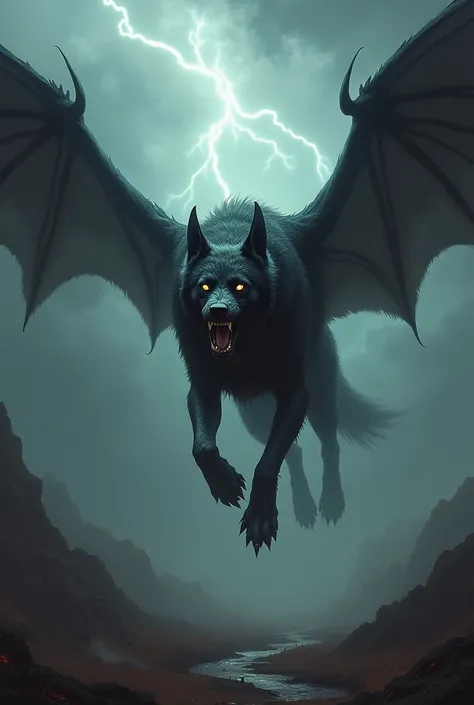 Create an image of a flying dog that looks evil