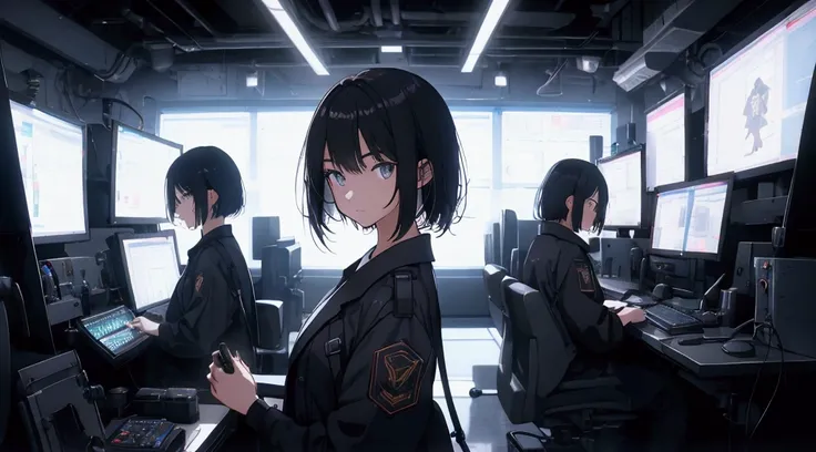 Young character with short black hair, Wear a uniform, I have an electric guitar, Serious expression, Standing pose, Looking into the camera, Smooth Skin, Surrounded by electronic devices such as monitors and speakers, Dark indoor environment, Dim lighting...