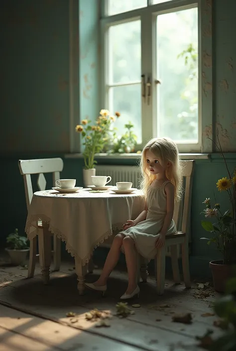 A porcelain doll, with a soft dress, sitting alone at an abandoned tea table. Ao redor dela, a small old room, with empty tea cups, wilted flowers, and soft light coming through the window, illuminating the space in an ethereal way. The doll has a distant ...