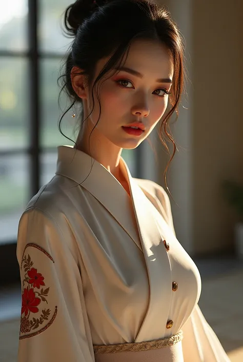 A sexy white woman wearing a uniform japanese 