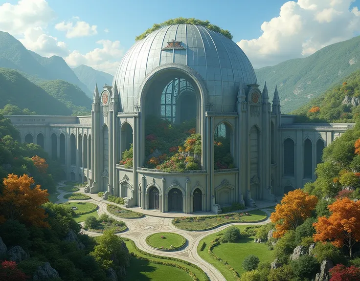 Medieval battle arena in a valley surrounded by hills large silver structure with several biomes inside only arena with large glass dome that surrounds the entire arena and several colorful trees inside the arena