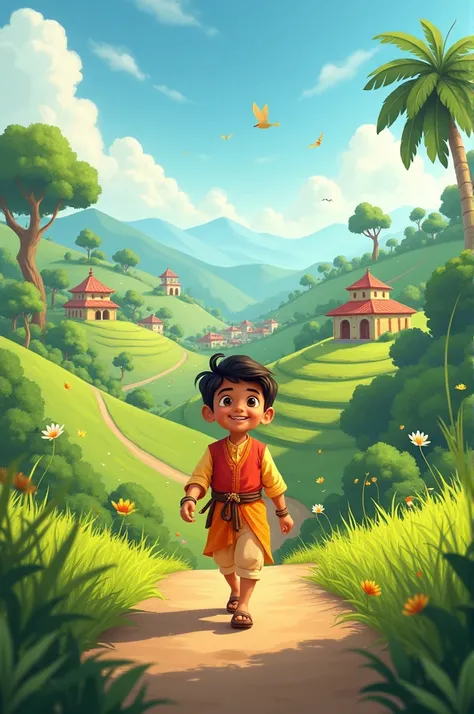 2d animation cartoon of the boy in Indian village walking on field in trees and green land 