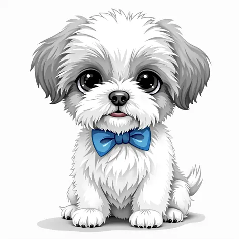 A black and white shih tzu dog with baby short hair, with a blue bow tie, adult smooth-haired dog with front face 2D drawing