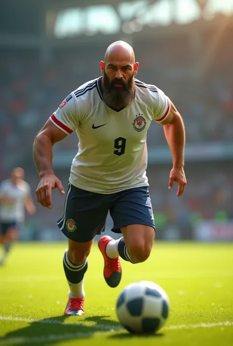 Bald man with beard playing soccer