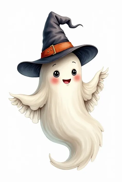 Watercolor ultra realistic and hyper detailed illustration of cute Halloween ghost wearing a witch hat, boho groovy retro style, clipart, single object, png, blank background, product placement vector, watercolor styles, white background for removing backg...