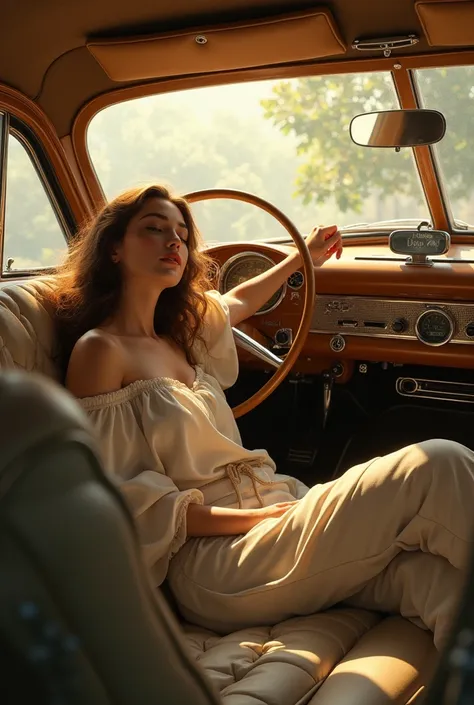 (photorealism:1.2), beautiful woman, sitting in a car, wearing a loose off-shoulder top, casual pants, long hair, indoors, soft lighting, car interior details, sunlight streaming through windows, cozy and comfortable atmosphere, relaxed pose, realistic, in...