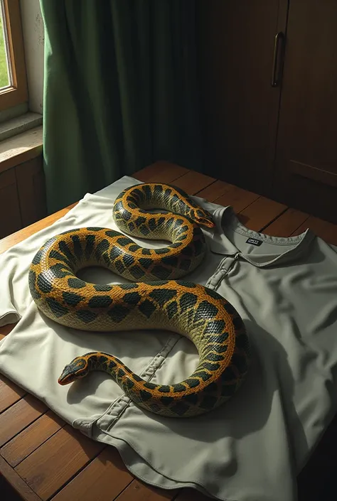 Anaconda on clothes in a room