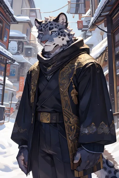 best quality，Ultra HD，Second dimension style，Upper Body［Upper Body：1.9］，Zoom in on the character，The most exquisite eyes［The most exquisite eyes：2.1］，Exquisite facial features，Standing in the street，Male snow leopard，Gray Eyes，Physical fitness，Upper Body只有...