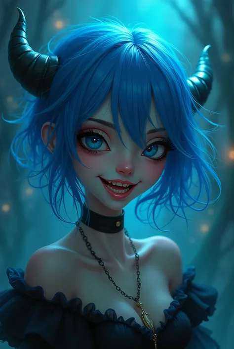 A surge of art, deep blue ink art, Detailed painting, charming sweet woman, with blue hair, crazy evil smile, Dark Fantasy, surrealistic atmosphere, Luminous, UHD, dark vivid colors, In the style of Tim Burton, magic, Digital illustration, luminism, rim li...