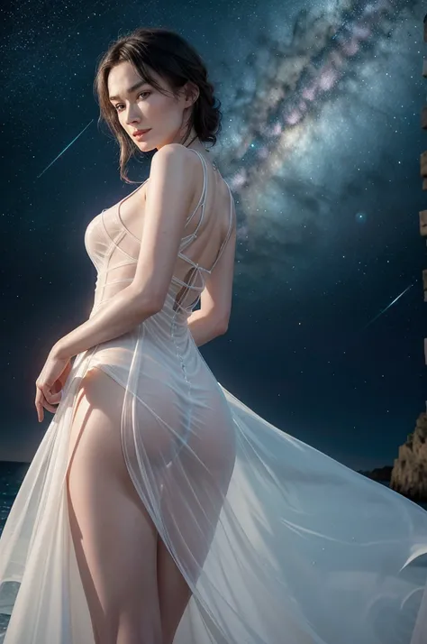 Lena Headey (age 25, elegant white transparent and airy dress), low camera looking at her ass and a starry sky, some small spaceships fly through the sky, lush ocean world
