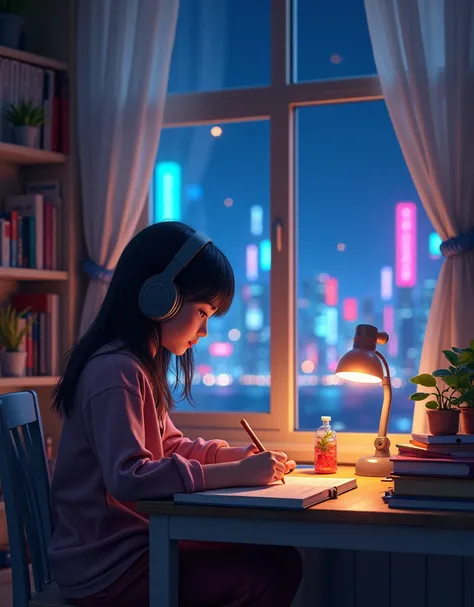 (Highly detailed CG Unity 8k wallpaper), (Highest quality), (Best illustrations), (Best Shadow), Realistic lighting, Beautifully detailed lego, masterpiece, Highest quality, Lofi Artstyle, Lofi Art, Anime style, Lo-Fi, One girl, alone,Girl studying with he...