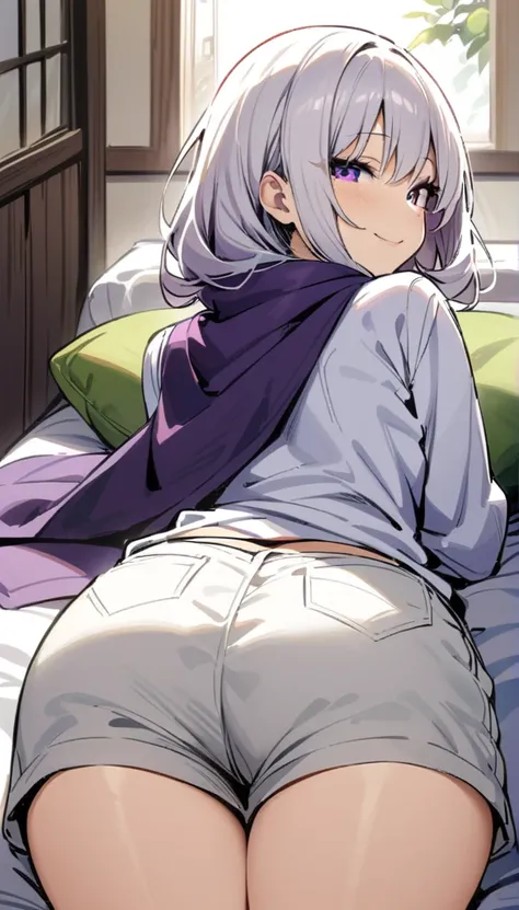 ((Best Quality)), ((masterpiece)), (detailed), 1 girl, long white hair, purple eyes, big ones, muslos big ones, smiling expression, black open sweater, White T-shirt, shorts grises, purple scarf, in a guesthouse, lying on a bed, hugging a pillow, looking a...