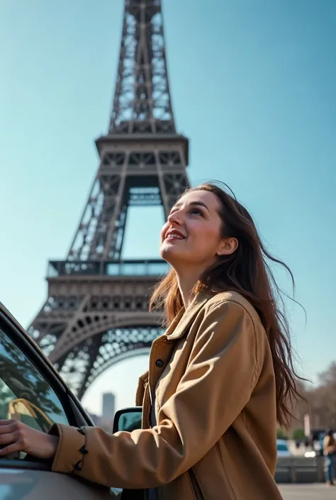 30 years old, Woman smiles in front of eiffel toüer LEAN TO CAR, upper VIEW