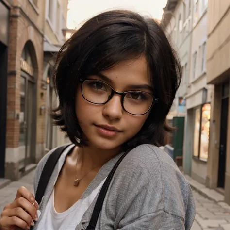 Brown girl, short black hair, small mouth, beautiful, Reasltic, 4k, wear glasses