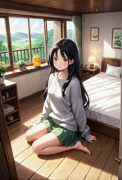 Naked Women,sitting comfortably in a cozy room, She has a cute white mug、It features a yellow cartoon character, She is wearing a comfortable grey sweater and a green skirt.. Her long, Her black hair is down, She looks naked and relaxed and content. There ...