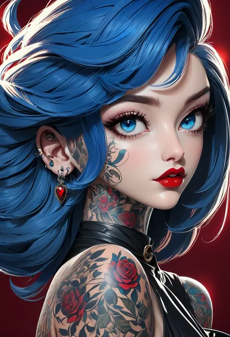 A beautiful woman with very red lipstick and blue eyes looks into the camera, she has 2 nose piercings and tattoos on her face, that looks beautiful and shines. ​masterpiece, 4K, uhd, Very detailed 