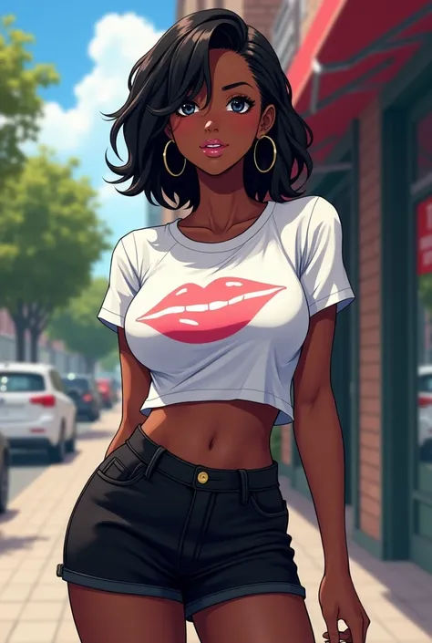 A beautiful youn woman, short hair, ebony skin, good curves, wearing a designed girl t-shirt that shows off her bellybutton, she has black eyes, pink lips, she wears a short black skirt, anime style, realistic wide shot 