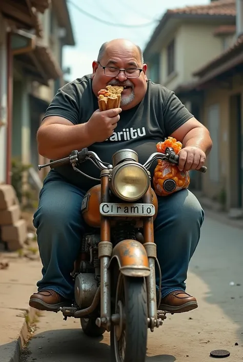 white male, aged 50, baldie, bochechas grandes, Scrawny, but very pot-bellied, completely smooth face, wearing square glasses, mounted on a 125cc motorcycle, sloppy and broken. Wearing a black shirt with APOI0 MPU written on the front and carlito on the sl...