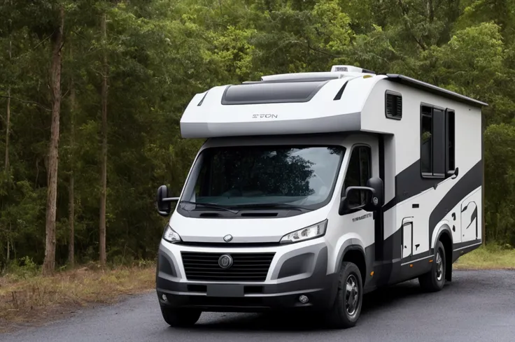 a lone future survivor rv, motorhome, highly detailed photographic image, vivid colors, red, green, blue, yellow, intense contrast, cinematic depth of field, masterfully composed, cinematic camera angle, quiet setting, wet floor, rain, photorealistic, 8k, ...