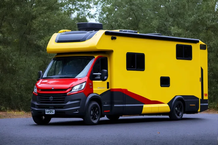 a lone future survivor rv, motorhome, highly detailed photographic image, vivid colors, red, green, blue, yellow, intense contra...