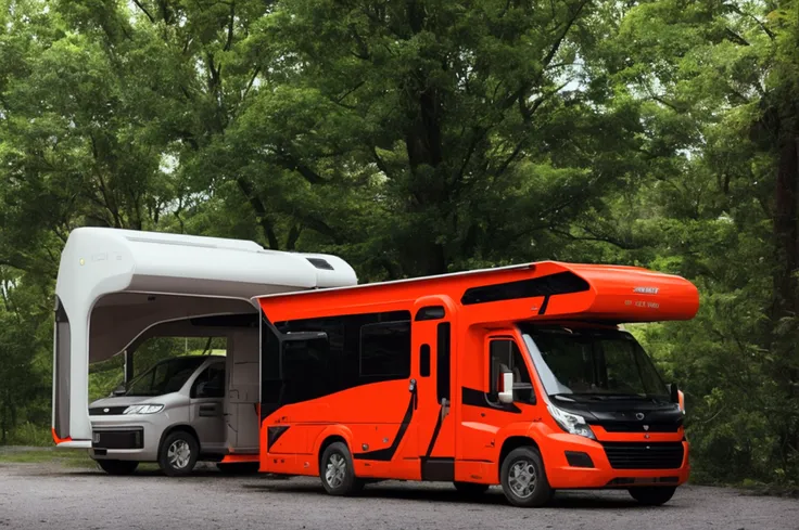 a lone future survivor rv, motorhome, highly detailed photographic image, vivid colors, red, green, blue, yellow, intense contra...