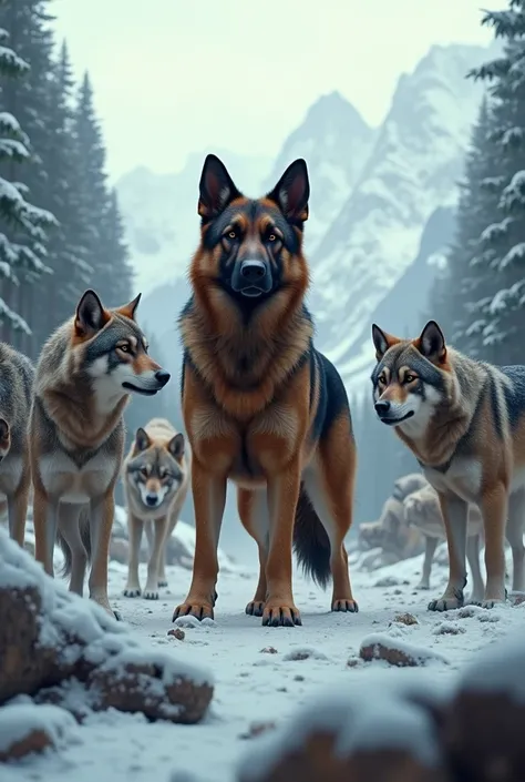 German shepherd dog facing pack of wolves