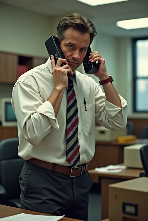 "A person holding the IBM Simon smartphone up to their ear, making a call. The setting is a 1990s office with boxy computers in the background, and the person is wearing typical business attire from the 90s. The phone’s unique size and shape stand out comp...