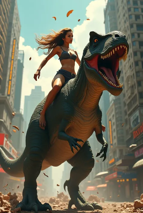 A hot American Girl wearing a sexy sleeveless shirt in a city and riding a very tall dinosaur which is causing chaos in a city.