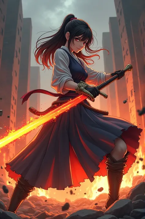 masterpiece, anime style, dynamic action pose, cool angle perspective, full body, a woman, battle stance, fighting, wielding an english sword, left handed, fire infusion, cold stare, burning ruins background 