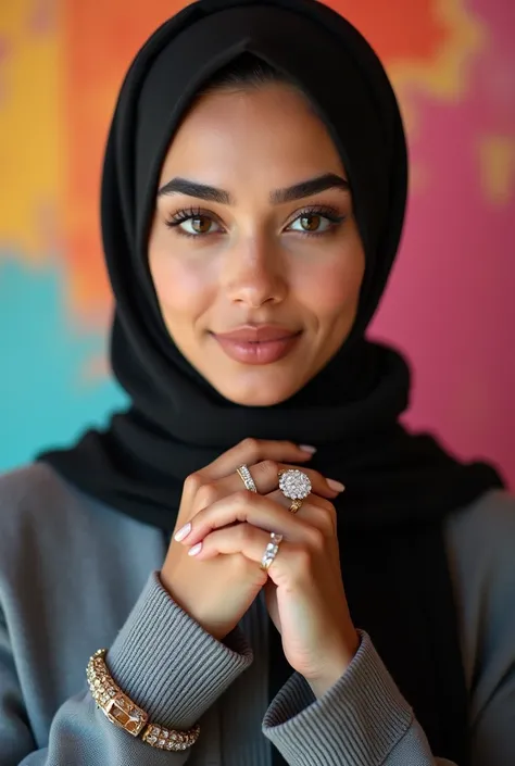 Young Muslim woman wearing a headscarf, a black bonnet, a grey top and rings on both hands  . diamond ring. Turkish, He has brown eyes.  flashy wall background, pinterest girl