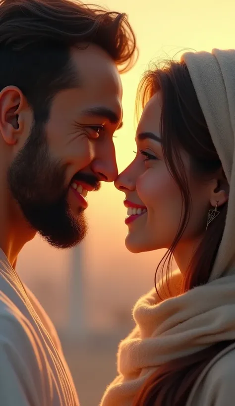 15. **The mans smile**: Show the man turning to her with a gentle smile, his eyes filled with warmth and sincerity, as he prepares to reveal his identity. Muslim man