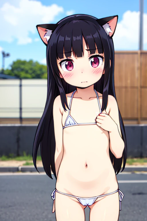 Highest quality,NSFW,Exhibitionism,Flat chest,Cat ears,Undressing,School festival,Shy,Being captured on camera,Long black hair,Micro Bikini,Embarrassed and anxious,The head is being touched,Posing