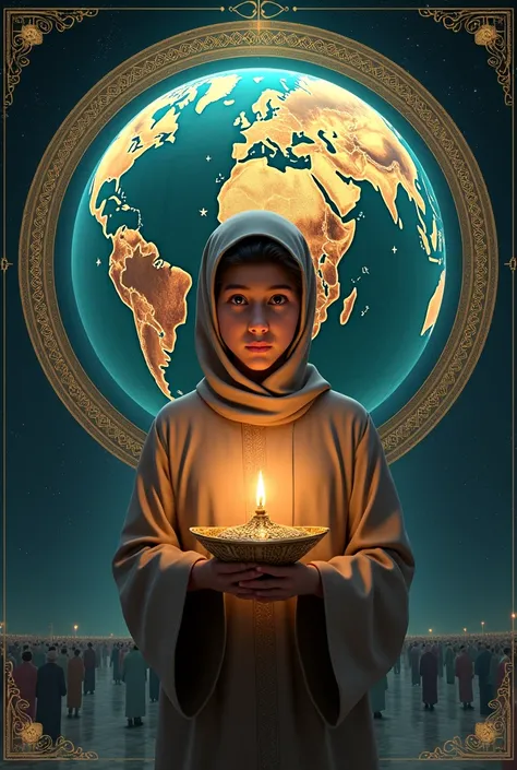 Young muslim holding a lamp in front of a globe.
Islamic geometrical patterns
