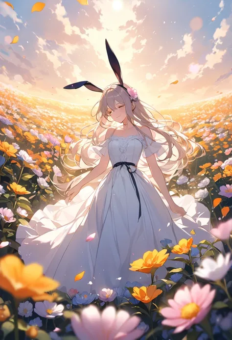 Girl with bunny ears and long hair in a dress　Flower field with falling petals