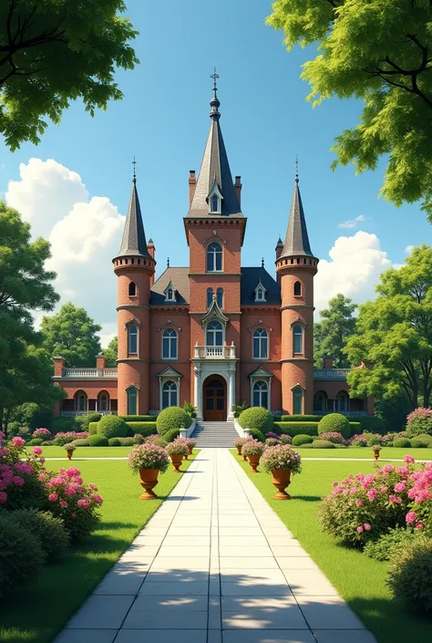 (Photo-realism), (Best quality, masterpiece, full of details), mansion with two towers, many trees, Colorful garden, flower pots, old mansion, white stone path, green grass, blue sky, sunshine, brown brick mansion, ultra HD