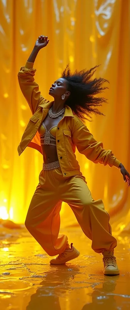 a beautiful woman breakdancing with long yellow tracksuit pants with hexagon patterns, adorned in bling, choreographed as a rapper in a hexagon silk set, with flowing liquid honey in a beehive backdrop, 8k, high quality, ultra-detailed, realistic, photorea...