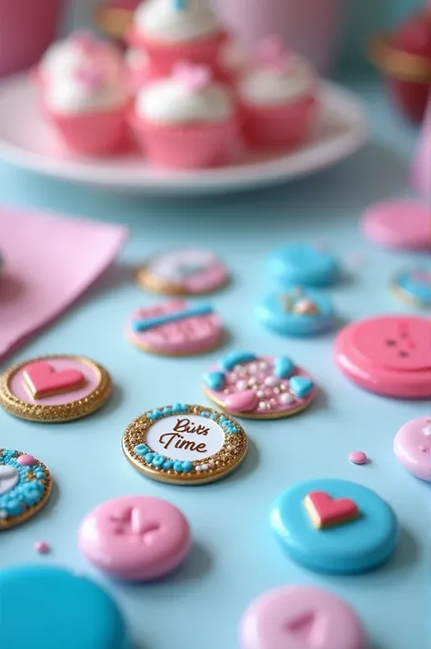 Pins and buttons for gender reveal party in blue and pink, girl&#39;s time and boy&#39;s time