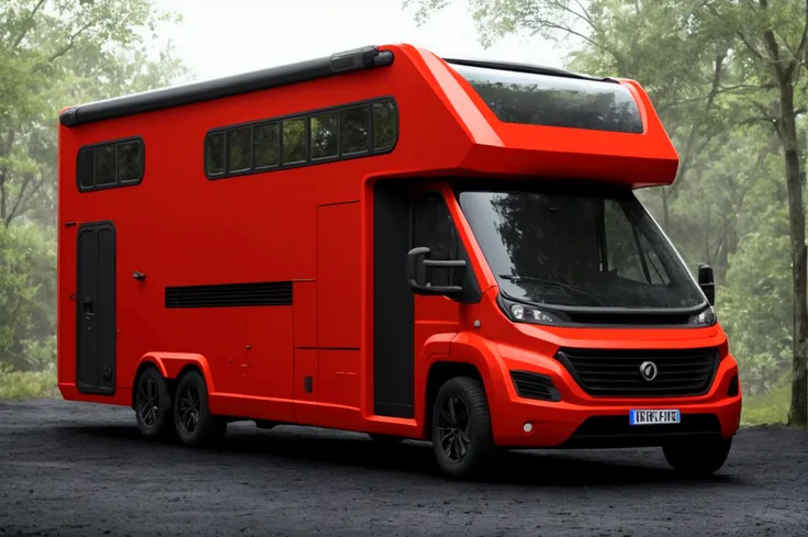 a lone future survivor rv, motorhome, highly detailed photographic image, vivid colors, red, green, blue, yellow, intense contrast, cinematic depth of field, masterfully composed, cinematic camera angle, quiet setting, wet floor, rain, photorealistic, 8k, ...