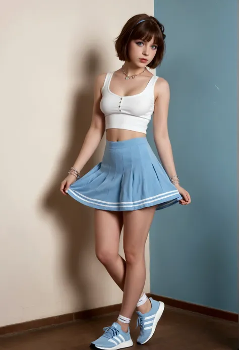 1 young woman, but it looks like it&#39;s 15. british. lolita and nymphet style. short brown hair, shoulder length. blue colored...