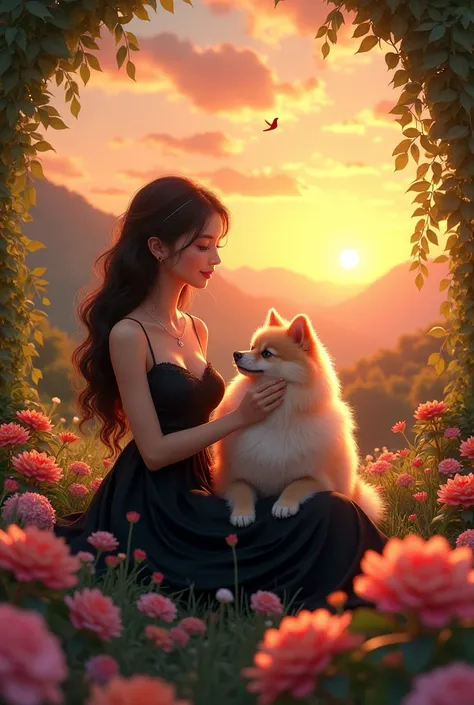 A beautiful lady with a Pomeranian dog sitting on her lap in the garden .. lots of beautiful flowers around here ... During sunset ... Clouds between sunset.... Birds...and max quality..... wearing black dress.. and thin necklace 