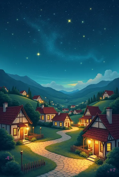 Illustration: The village at peace, with stars shining brightly in the sky. (same design)