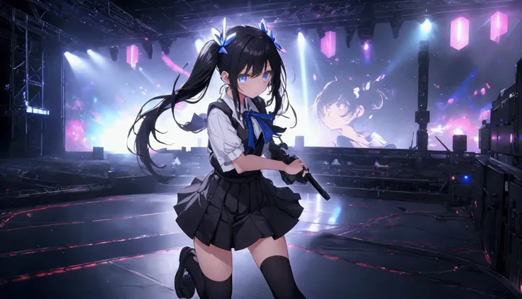 (masterpiece)、(Highest quality)、Black Hair Girl, blue twin tails, White shirt with black vest、Rolling up his sleeves、Holding a white electric guitar, Take to the stage with confidence. she is wearing a short skirt, Knee-high socks, Mismatched knee patches....