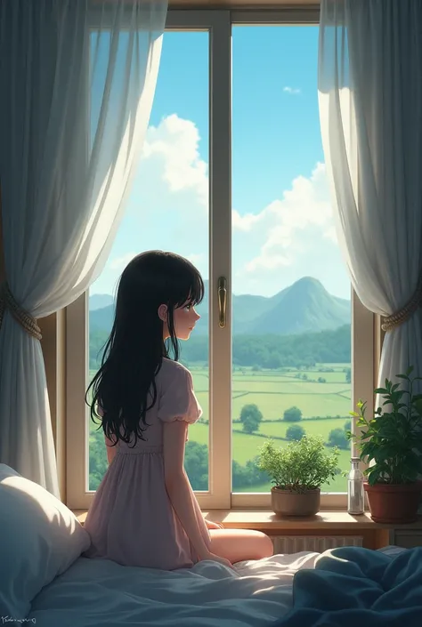 a woman looking out a window.from his room Let the angle be seen from outside to inside Anime type