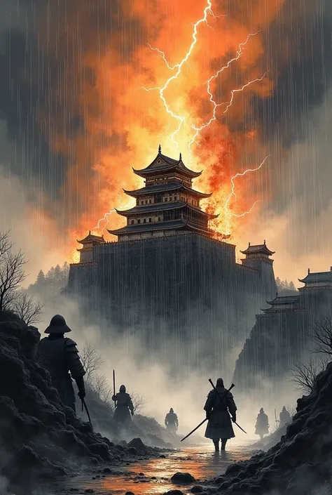 Ink Wash Painting of the Fall of Kitano Castle with the Castle Burning in a Thunderstorm