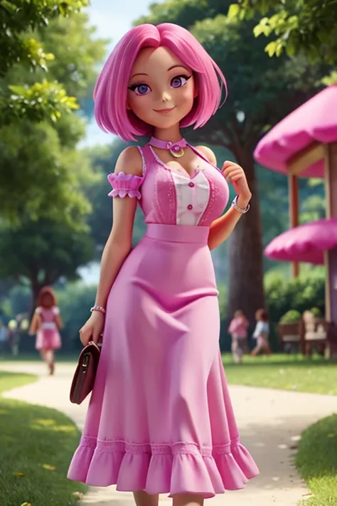 Perfect face. Perfect hands. A pink haired woman with violet eyes and an hourglass figure in a pretty summer dress is smiling while walking in the park