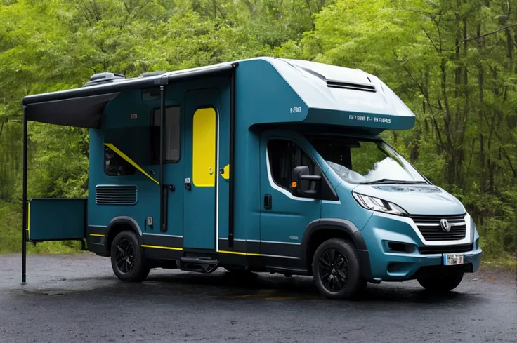 a lone future survivor rv, motorhome, highly detailed photographic image, vivid colors, red, green, blue, yellow, intense contra...