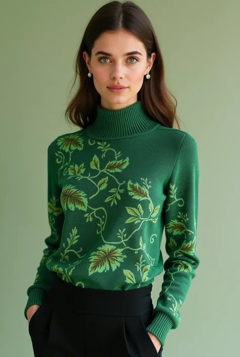 Design a sweater with prints, for woman, in green tones, very elegant and trendy style for 2025